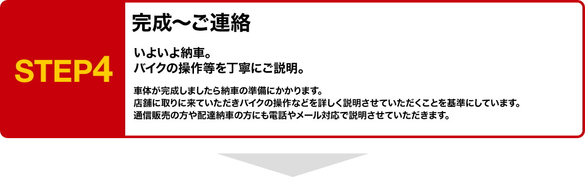 STEP4 完成～ご連絡 いよいよ納車。バイクの操作等を丁寧にご説明。