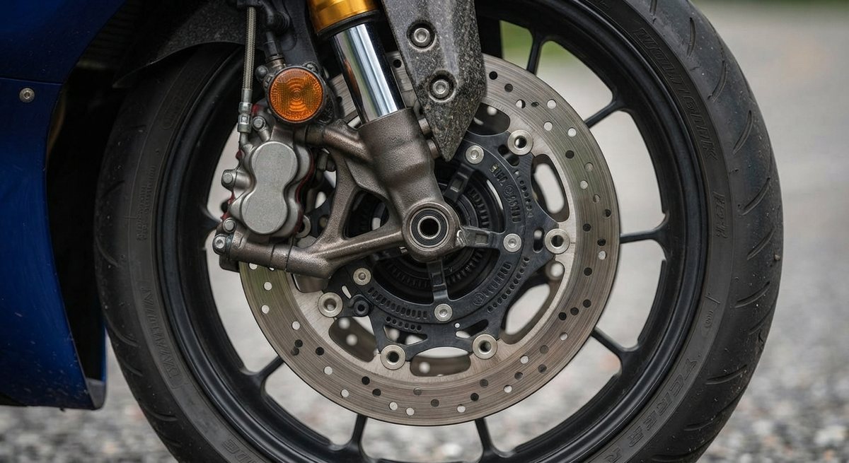 バイクの前輪のディスクブレーキ。キャリパーとブレーキディスク